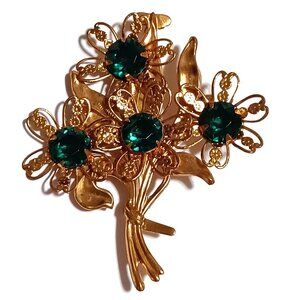 Beautiful Vintage Gold Tone Flower Brooch Pin with Green Faux Emeralds Jewels